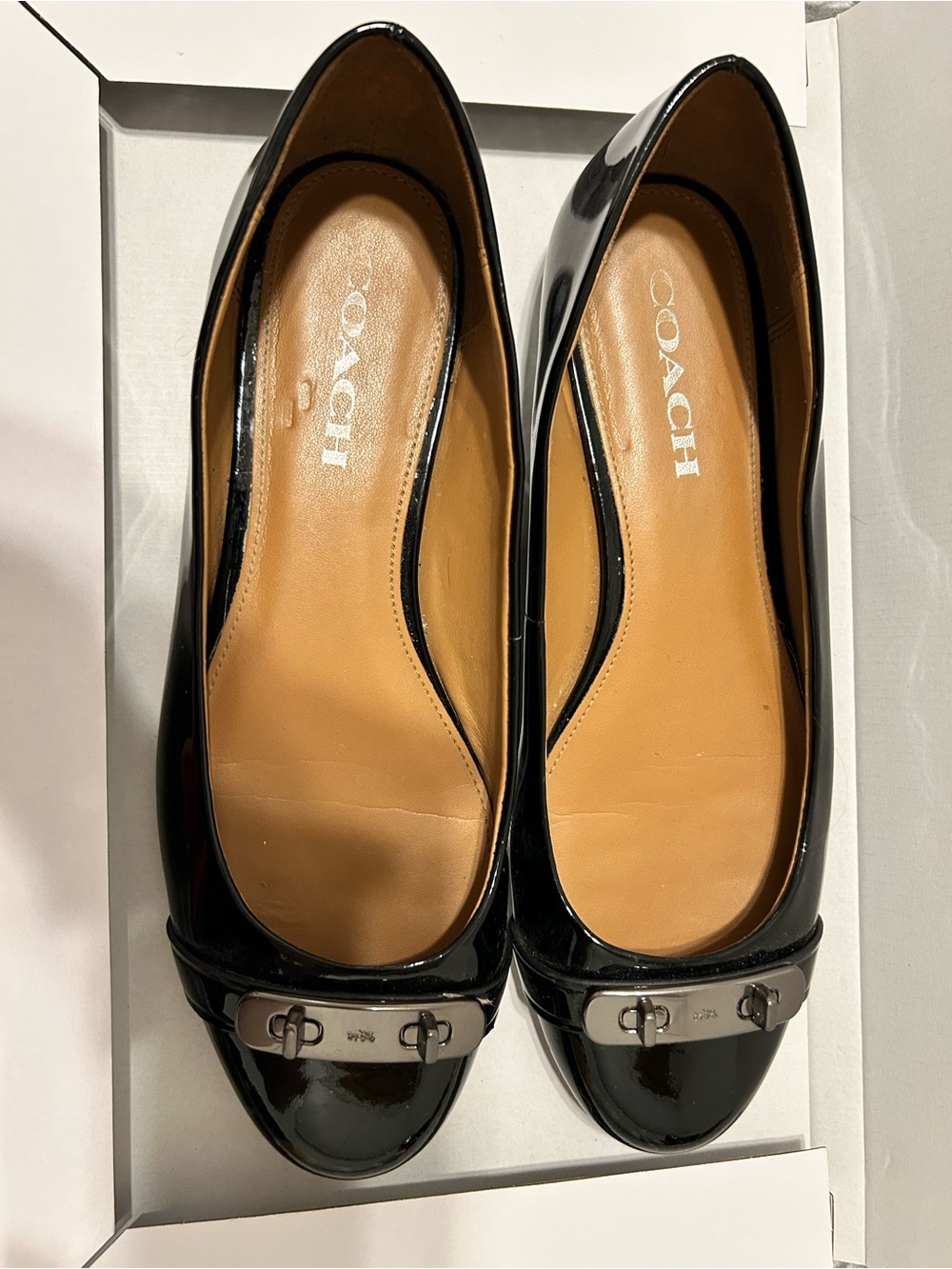 Coach Black Patent Leather Ballet Flats with Silver Buckle